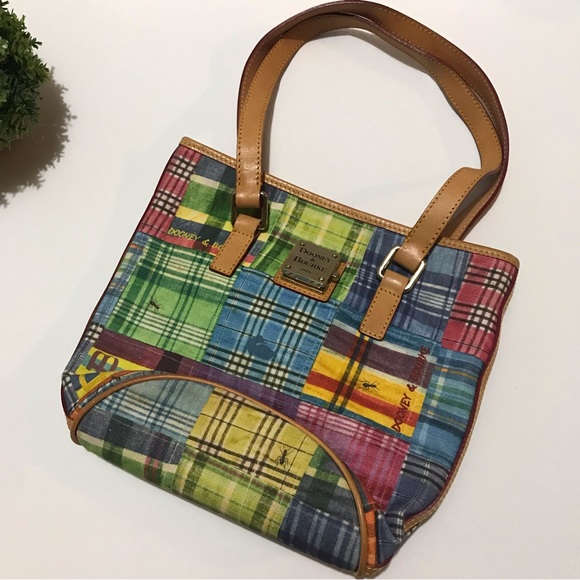 Dooney & Bourke Picnic Ant Colorful Spring Plaid Fabric Leather Satchel Purse - Picture 2 of 9